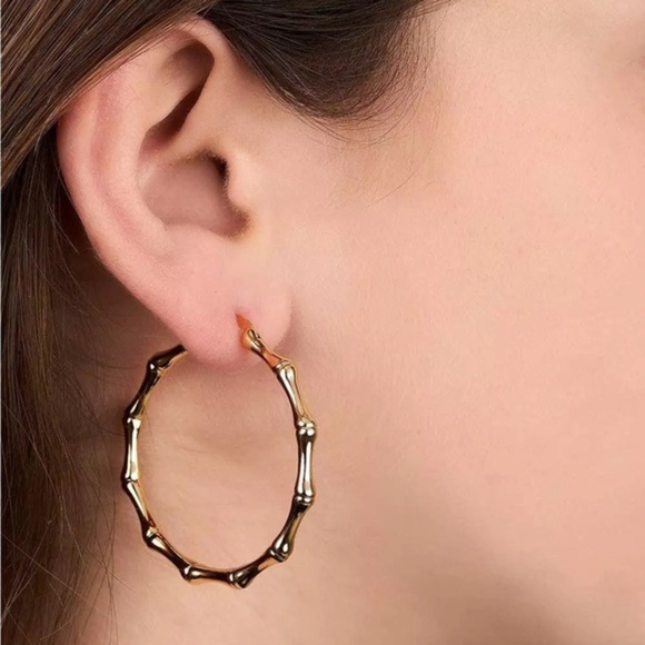 Womens Gold Bamboo Hoop Earrings 18K Gold‎ Plated - Picture 3 of 8
